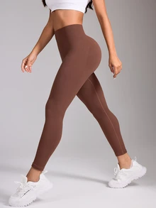SHEIN Sports 女款純色高腰休閒日常旅行運動緊身內搭褲 - 棕色 - 查看 4