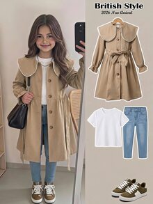 SHEIN Young Girl French Style Loose Double-Breasted Lapel Long Trench Coat, Casual Military Style, Suitable For Commuting And Outdoor Wear, All-Season; Perfect For Creating Y2K Style, Suitable For Daily And Personalized Looks - Khaki - View 3