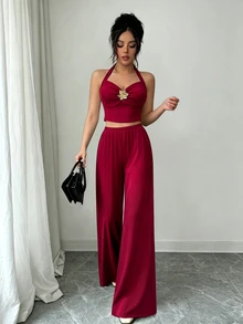Selianne New American Retro Y2K Hot Girl Ribbed Set Metal Flower Slim Fit Flattering Short Spaghetti Strap Tank Top + Straight Leg Pants Women's 2 Pieces Set - Burgundy - View 5