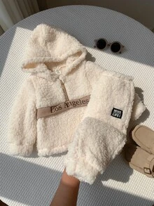 SHEIN 男嬰可愛休閒秋冬米色毛絨連帽衛衣與鬆緊腰長褲套裝 - 彩色 - 查看 8