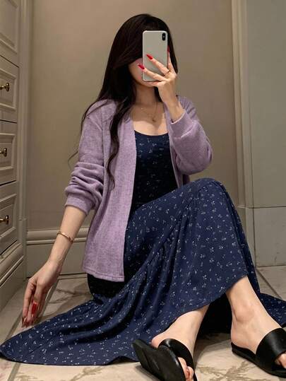 DAZY 2pcs Women's Pajama Set, Long Sleeve Cardigan Jacket, Sweet Ditsy Floral Sleeveless Camisole Long Dress Nightgown