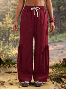 Exploreva Women's Drawstring Waist Casual Versatile Daily Outdoor Long Pants - Burgundy - View 1