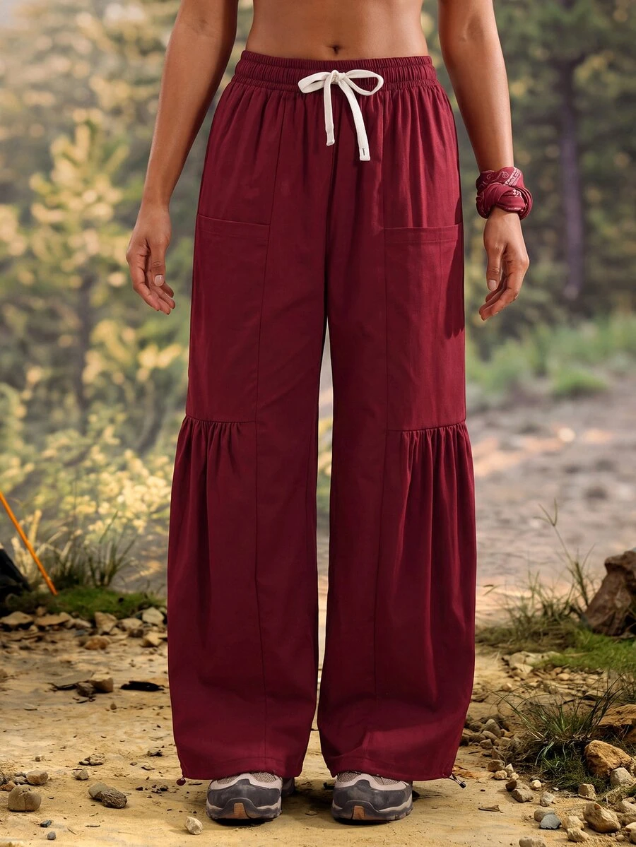 Exploreva Women's Drawstring Waist Casual Versatile Daily Outdoor Long Pants - Burgundy - View 1
