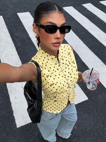 Muchica Women's Sleeveless Jacket With Yellow Base And Polka Dot Pattern Night Out Autumn Vintage 90s - Pale Yellow - View 4