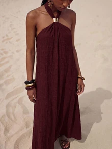 Zivah Women's Solid Color Halter Neck Long Dress For Vacation And Casual Wear - Rose Red - View 7