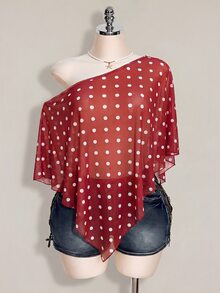 SHEIN ICON 女款大尺碼波點網紗不對稱上衣 - 紅色 - 查看 1