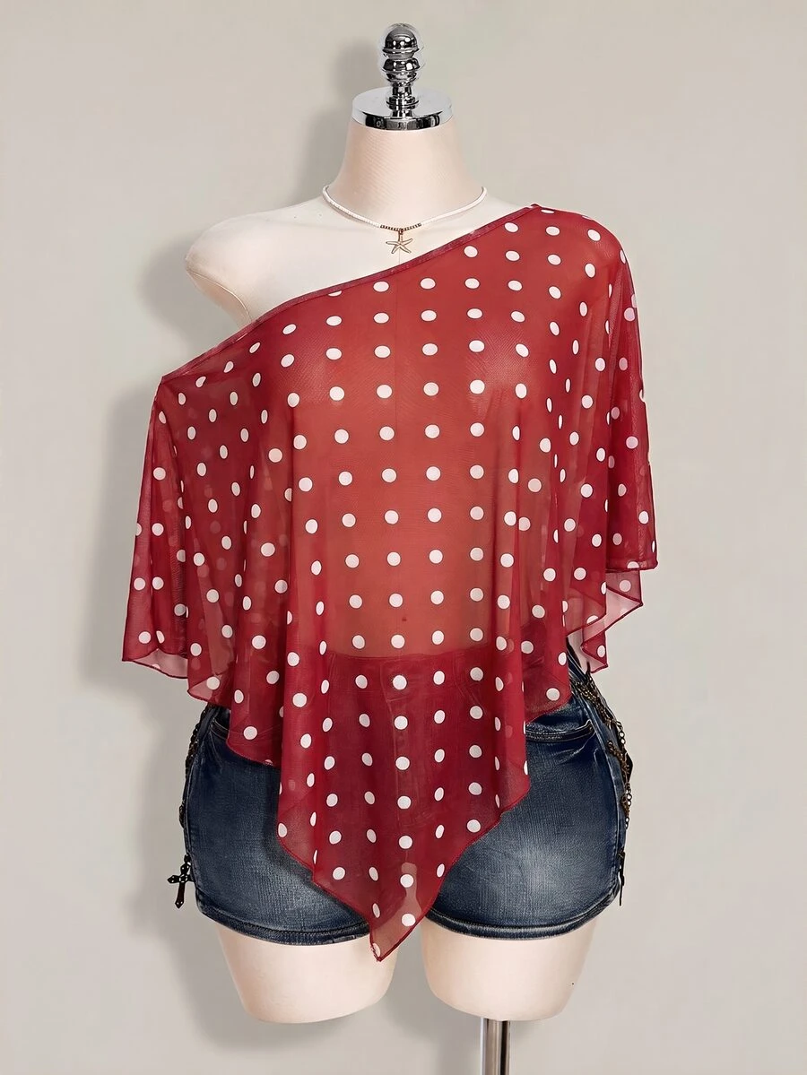 SHEIN ICON 女款大尺碼波點網紗不對稱上衣 - 紅色 - 查看 1
