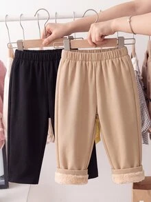 Baby Boys Minimalist Solid Color Thin Fleece Lined Casual Long Pants, Unisex Loose Straight Leg Pants With Soft Fleece Lining, Comfortable Basic Style - Multicolor - View 7