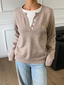 DAZY Women's Wool Letter Print Casual Versatile Daily Wear Long Sleeve Sweater, Autumn - Coffee Brown - View 4