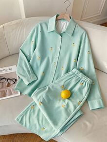 Comfortcana Women's Striped Fruit Long Sleeve Single-Breasted Casual Shirt And Pants Set - Mint Green - View 1