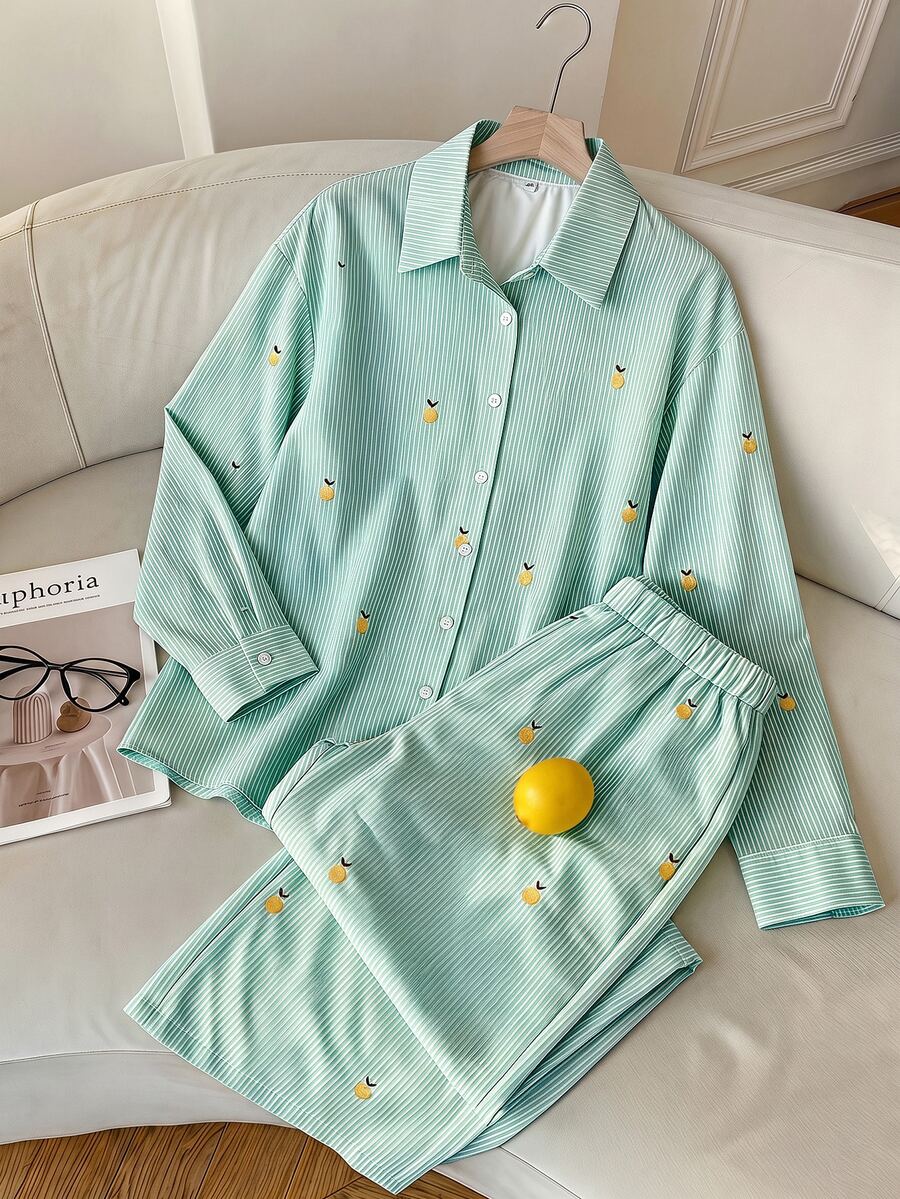 Comfortcana Women's Striped Fruit Long Sleeve Single-Breasted Casual Shirt And Pants Set - Mint Green - View 1