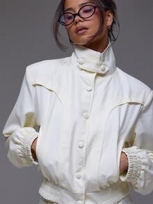 MUSERA Yellow Funnel Neck Double Button Box Fit Jacket Winter Autumn Everyday Casual Going Out Cool Weekdaze - Light Yellow - View 5