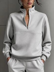 SHEIN EZwear 女款純色長袖半拉鍊休閒運動衫 - 灰色 - 查看 4