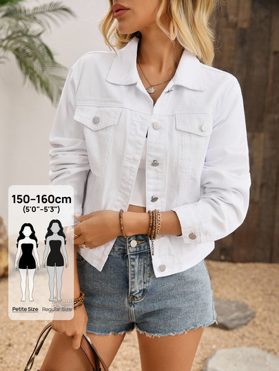 SHEIN PETITE Women's Fashion Versatile Single-Breasted Long Sleeve Denim Jacket