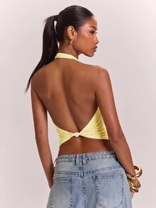 SHEIN BAE 女款針織純色棕色休閒通勤掛脖露背扭結性感實用背心，適合休閒通勤、日常穿著，棕色T恤，棕色上衣，寬鬆實用上衣，棕色掛脖露背上衣 - 黃色 - 查看 3