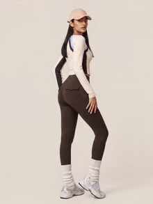 SHEIN BAE Women Brown Pocket High Waist Leggings Tummy Control Gym Workout Training Running Yoga Athletic Pants - Coffee Brown - View 7