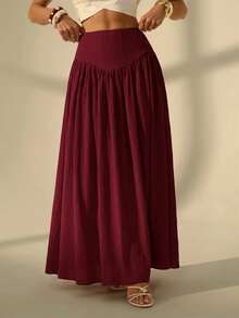 SHEIN Tall Women's Solid Color Pleated Casual Versatile Daily Wear Skirt - Burgundy - View 5