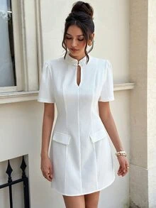 EastFlair Gaun Mini Tweed Putih Prancis Elegan untuk Wanita, Kerah Tegak, Saku Berpenutup, Cocok untuk Pakaian Sehari-hari, Perjalanan, Pesta, Brunch, Pesta Teh, Musim Panas - Putih - View 1
