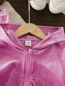 SHEIN Vintaside Kids 女童天鵝絨連帽長袖外套與長褲套裝，適合秋冬穿著，時尚百搭，穿著舒適 - 玫紅色 - 查看 3