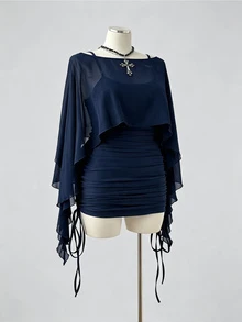 Sunspun Set 2 Potong Atasan Transparan dan Gaun Cami Ketat dengan Tali Serut untuk Musim Semi/Panas Ukuran Besar - Navy Blue - View 4