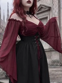 Whyspr Goth Plus Size Halloween Burgundy Patchwork Asymmetrical Hem Witch Camisole Tie-Up Dress - Multicolor - View 6
