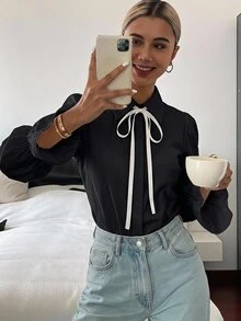 FRIFUL 女款春夏全棉拼接配色抽繩長袖寬鬆休閒百搭襯衫可愛上衣 - 黑色 - 查看 5