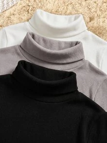 SHEIN 3件組新生兒男嬰/女嬰幼兒加厚保暖純色高領長袖冬季連身衣，黑白配色，秋季，基礎款，套裝，休閒 - 彩色 - 查看 3