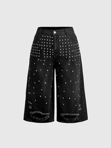 ROMWE Grunge Punk Punk Street Style Plus Size Women's Denim Shorts With Rivet Decor, Distressed Ripped Wide Leg 7-Point Pants, Rock Outfit - Black - View 1