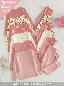 Snug Fit Pajamas For Young Girl, 6-Piece Set, Randomly Sent 2-Piece Combination, Featuring Heart And Cat Pattern Design, Loved And Pursued By Children, Made Of Comfortable Soft Skin-Friendly Fabric, Suitable For Children's Home Wear, Bringing Comfortable Sleep And Healthy Growth To Children - Multicolor - View 2