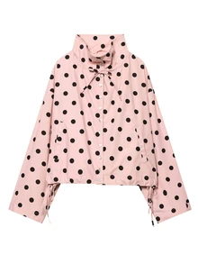 Pariaura Soft Pink Black Polka Dot Stand Collar Tie Waist Short Loose Long Sleeve Shacket - Multicolor - View 6