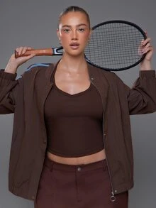 Voyena Women's Plus Size Color Block Striped Sports Jacket - Coffee Brown - View 4