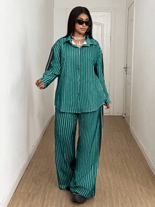Maweii 秋冬條紋通勤簡約襯衫 寬鬆休閒印花大尺碼長褲 女款兩件套 - 墨綠色 - 查看 3
