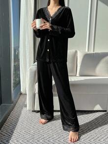 DAZY 女款對比色蕾絲長袖單排扣上衣與長褲居家服套裝 - 黑色 - 查看 12