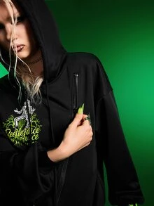 Beetlejuice X SHEIN Women's Fashion Zipper Letter Print Long Sleeve Hooded Sweatshirt - Black - View 6