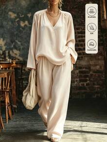 SHEIN 2pcs/Set Smooth Glossy Fabric Deep V-Neck Shoulder Gathered Loose 7-Point Wide Sleeve Cropped Top With Matching High-Waist Draped Floor-Length Wide-Leg Pants - Apricot - View 2
