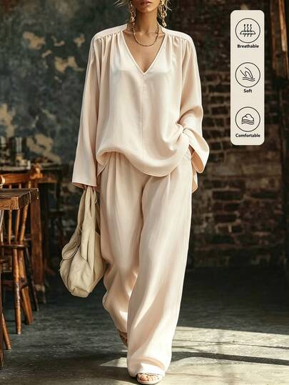 SHEIN 2pcs/Set Smooth Glossy Fabric Deep V-Neck Shoulder Gathered Loose 7-Point Wide Sleeve Cropped Top With Matching High-Waist Draped Floor-Length Wide-Leg Pants