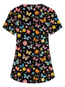 PopScrub V-Neck Short Sleeve Double Pocket Cartoon Print, Pattern Design Print Nurse/Doctor Work Uniform Top/Health Checkup Surgical Uniform, Colorful Butterfly Cartoon Print Pattern Design Print Nurse, Laboratory, Doctor Work Uniform, Multi-Pocket Functional Women's Top - Black - View 2