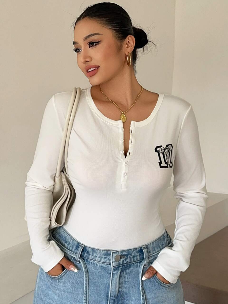 Cartoon Print Fitted Half-Placket White Long Sleeve Versatile Spring Summer Autumn T-Shirt