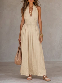 Solivie Women's Solid Color Pleated Casual Party Summer Dress - Apricot - View 7