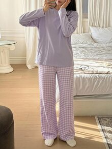 DAZY 女款寬鬆休閒短袖兩件式居家服套裝 - 紫色 - 查看 5