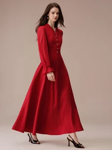 BELROSIE Women's Solid Color Pleated Casual Elegant Party Formal Dress Wedding Red Autumn - Burgundy - View 5