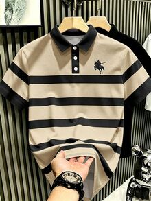 Manfinity Hypemode 男士騎士條紋印花休閒通勤短袖 Polo 衫 - 彩色 - 查看 1