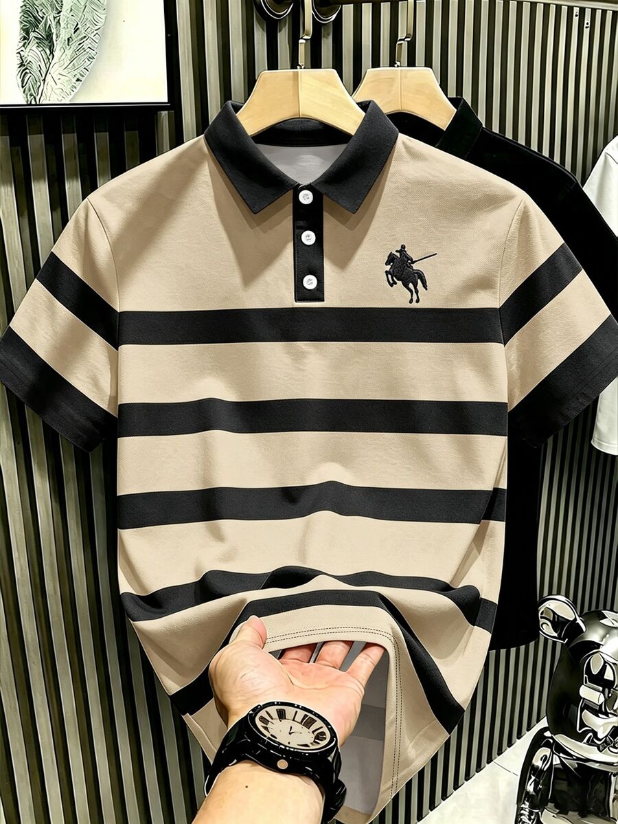 Manfinity Hypemode 男士騎士條紋印花休閒通勤短袖 Polo 衫 - 彩色 - 查看 1