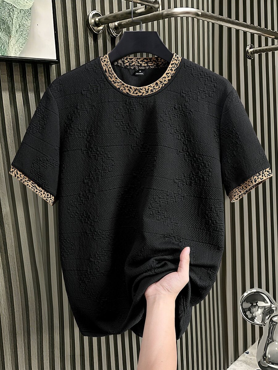 Manfinity Homme Men's Knitted Jacquard Solid Color Textured Black Collar & Cuff Leopard Print Ribbed T-Shirt - Black - View 1