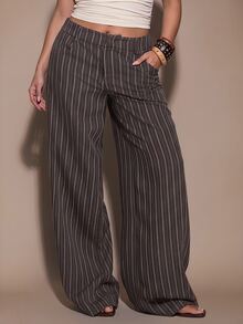 SHEIN BAE CURVE 大尺碼女款條紋休閒日常穿著西裝長褲 - 彩色 - 查看 2