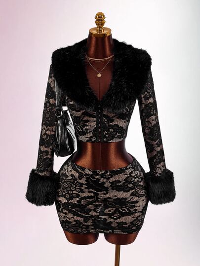 Amplova Women's Lace & Fur Trim 2 Pieces Set, Sexy Avant-Garde Ultra Low Waist Skirt With Side Ruched Detail, Fur Trim Cuffs, Fitted Button-Up Top, Suitable For Date Night