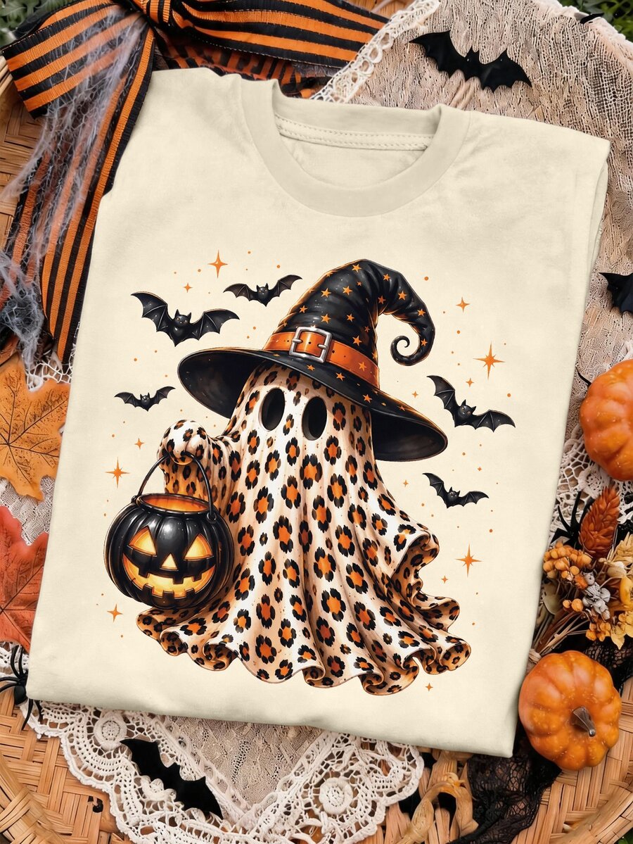 EMERY ROSE Halloween Leopard Print Ghost Witch Hat Pumpkin Lantern Bat American Vintage Short Sleeve T-Shirt Plus Size - Beige - View 1