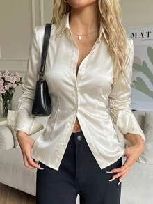 SHEIN EZwear 女款純色休閒性感百搭日常穿著襯衫，適合晚餐、辦公室，奶油色，秋季 - 白色 - 查看 4