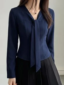 DAZY 女款簡約優雅收腰長袖襯衫，適合商務辦公 - 藏蓝色 - 查看 3