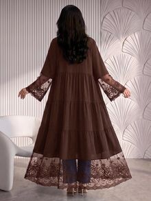 Yasmyna Women's Black V-Neck Lace Embroidered Patchwork Cardigan Long Robe, Layered Patchwork Flared Long Robe For Spring/Autumn Daily Commute And Dating - Coffee Brown - View 10